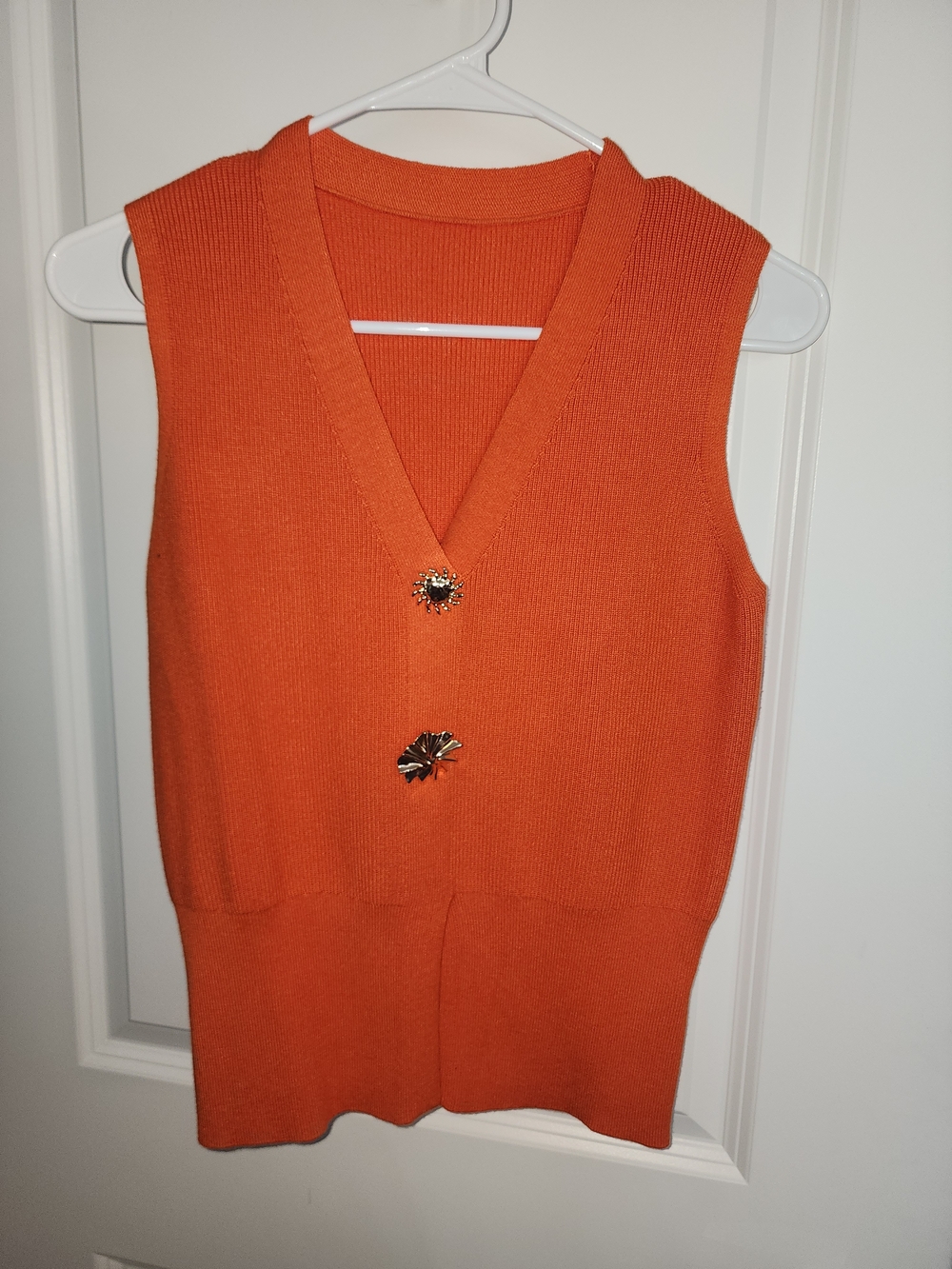 Commense Orange V-Neck Sleeveless Sweater Vest with Decorative Gold Buttons